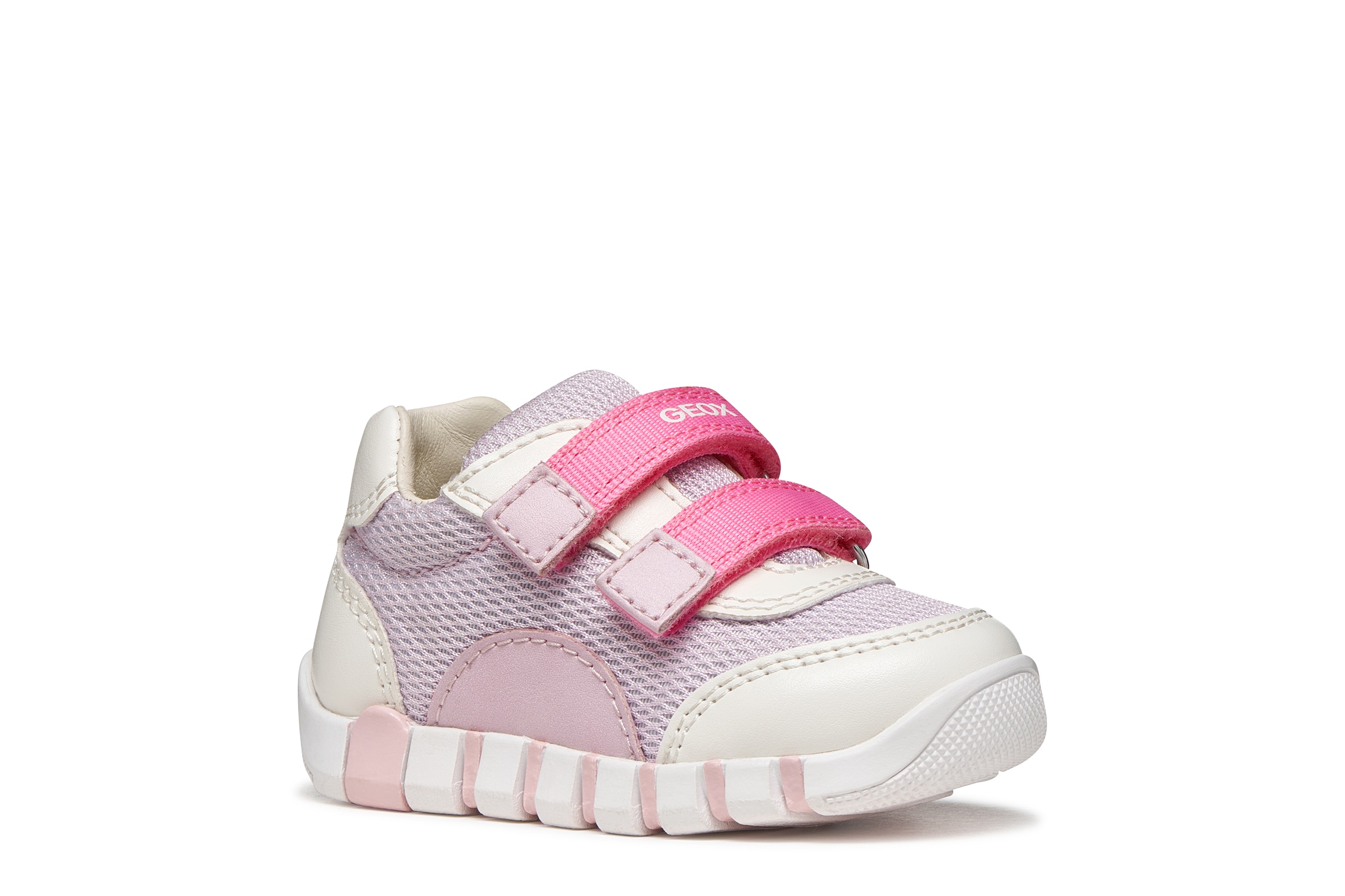 Lauflernschuh GEOX "B IUPIDOO GIRL", Baby, Gr. 20, lila, weiß, Lederimitat, Mesh, Mesh, kontrastfarbene Details, Schuhe Lauflernschuh, Babyschuh im Pastell-Look, Größenschablone zum Download