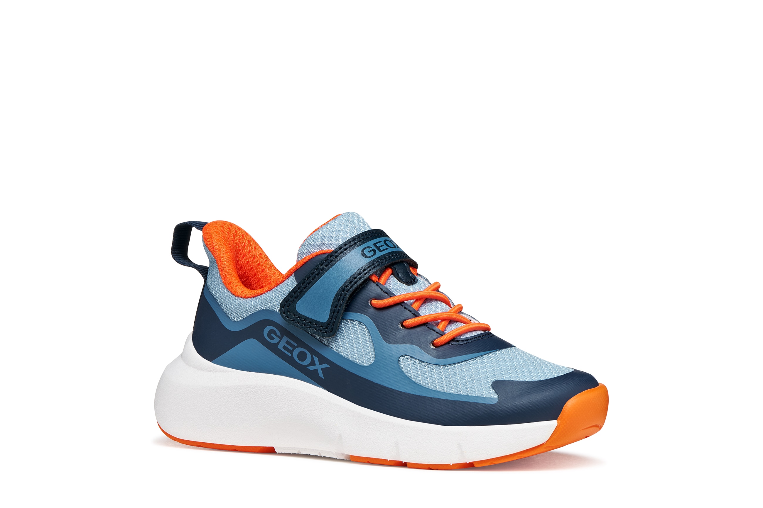 Sneaker GEOX "J PRO-RAN BOY", Damen, Gr. 32, navy, orange, Lederimitat, Textil, Schuhe Sneaker, Slipper mit elastischen Schnürsenkeln, Größenschablone zum Download