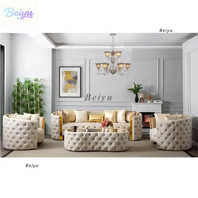 Amerikanisches Retro-Samtstoff-Schnallenkombination, Wohnzimmersofa, leichtes, luxuriöses, einfaches Designer-Sofa aus Stoff für drei Personen Image