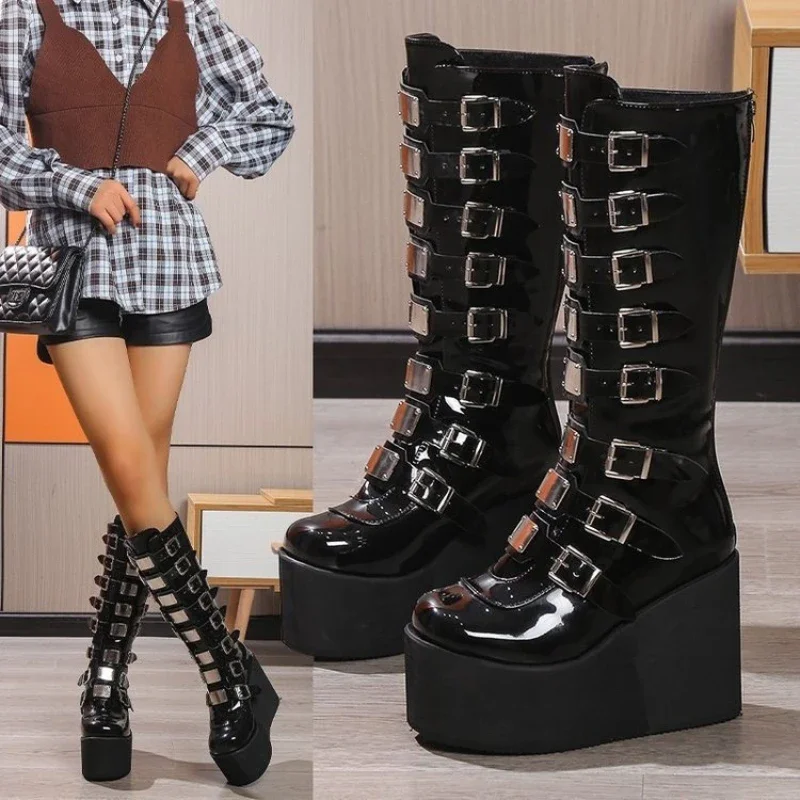 2025 Damen Cosplay Hohe Stiefel Winter Lange Röhre Leder Ritterstiefel Punk Gothic Klassisch Schwarz High Heel Schuhe Kniehoch Image