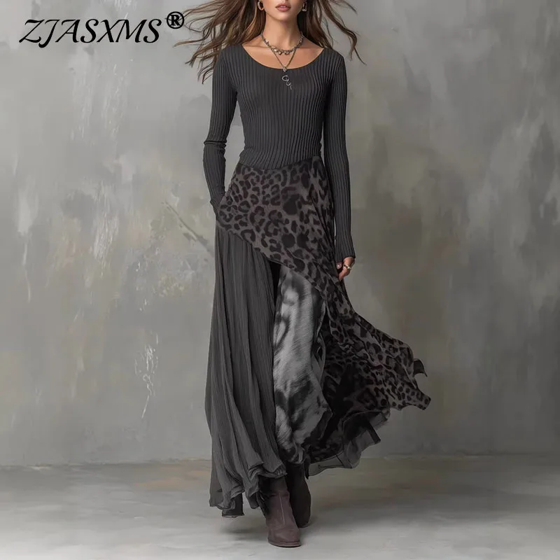 Abito lungo con stampa leopardata con giunture sexy primaverili Abito lungo da donna elegante con scollo a O a vita alta Abito lungo con volant a maniche lunghe autunnale