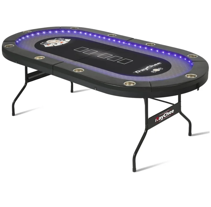 Successor Texas Pokertisch für 10 Spieler mit eingelegten LED-Leuchten, 2 USB-2 Typ-C-Anschlüsse, tragbare, zusammenklappbare Aufbewahrungsfunktion für Blackjack Image