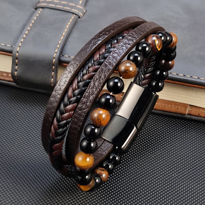 2025 Nuovi perline Bracciale in pietra occhio di tigre per uomo Bracciale in pelle a quattro strati con magnete in acciaio inossidabile Regalo di gioielli maschili