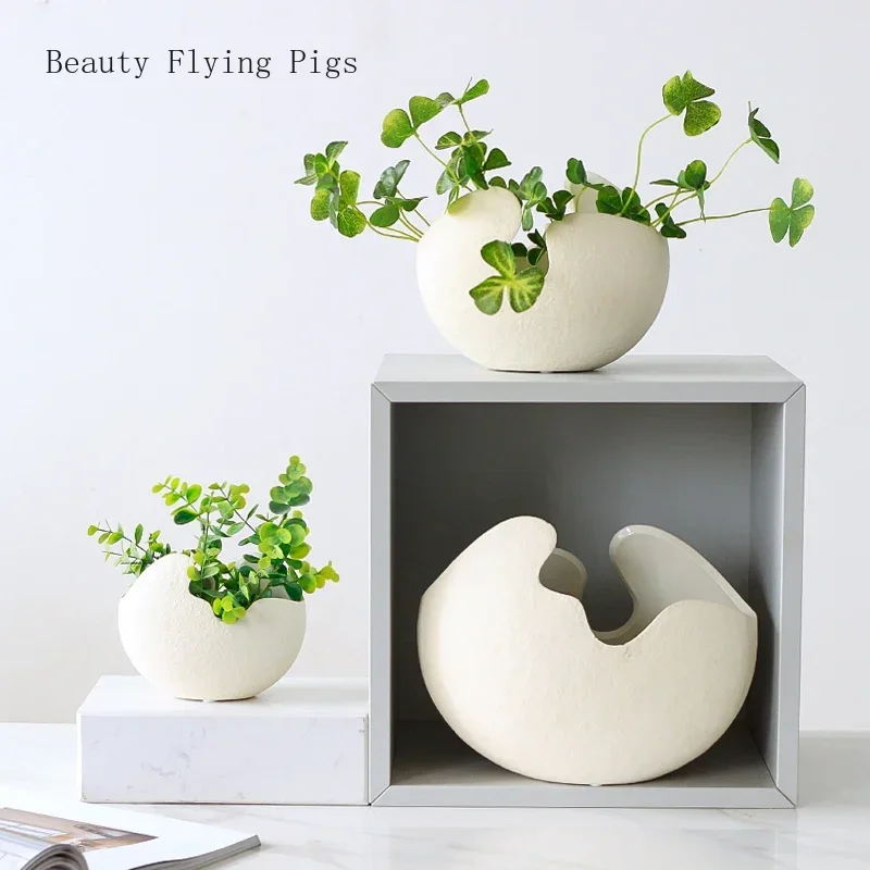 1Pcs Moderne pastoralen Nordic stil Weiß keramik Ei Shell vase blume topf home desktop ornamente blume anordnung dekoration Image