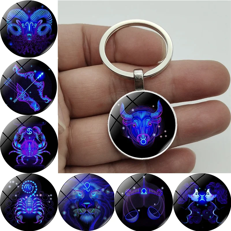 Modischer 12-Sternzeichen-Schlüsselanhänger, Glas-Anhänger, Sternzeichen-Schlüsselanhänger im Auto, Rucksack, hängende Ornamente, Schlüsselanhänger, männliche und weibliche Geschenke Image