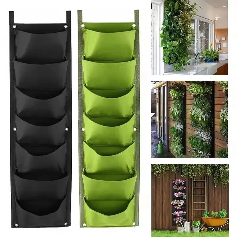 7-Taschen, vertikale Pflanzbeutel, Filzstoff, Wandbehang, für drinnen und draußen, Garten, Pflanzgefäß, Topf, Blumen- und Gemüseanbau-Behälter Image