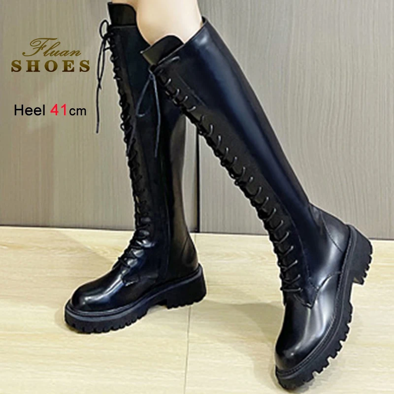 2025 neue schwarze Winter-Damen-Kniehohe Stiefel aus Leder mit Schnürung vorne, Schnallenriemen, klobige Plateausohle, 4,5 cm, lange Schuhe
