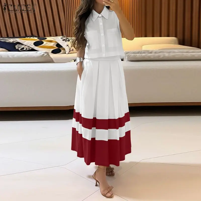 ZANZEA Damen-Anzug mit elegantem Kontrastfarben-Rock, ärmellose Crop-Shirts und lange A-Linien-Röcke, 2-teilige Sets, Outfits für Damen Image