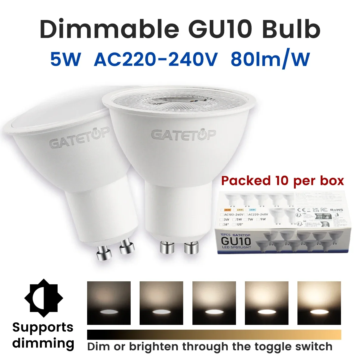 10 Stück 5 W LED-Strahler AC 220 V dimmbar 3000 K/6000 K 50 mm Einbau-Downlight PC-Material Deckenleuchte Vitrine Display-Beleuchtung