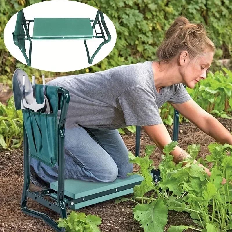 Verstellbarer Garten-Kniehocker aus Eisen, quadratischer Outdoor-Kniehocker mit Werkzeugtasche, langlebiger Gartenstuhl für Gartenarbeit, Camping, Wandern