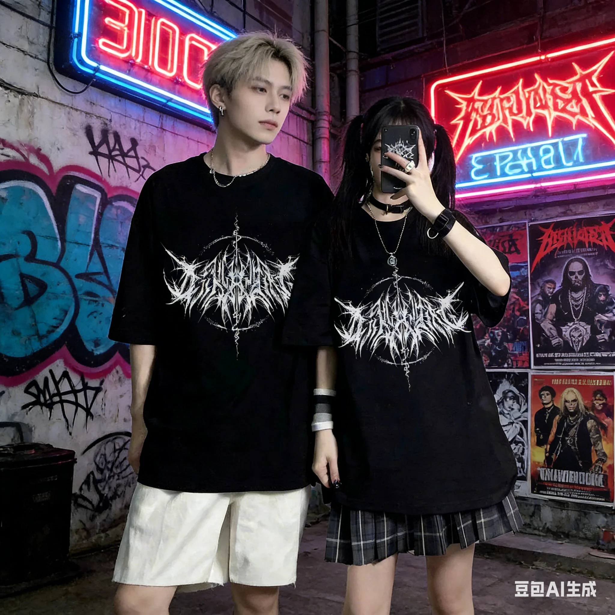 Retro Hip-Hop Rock Street Fashion Lässiges Unisex T-Shirt aus Reiner Baumwolle mit Y2K Gothic Punk Aufdruck, Locker Geschnittenes Paar-Oberteil