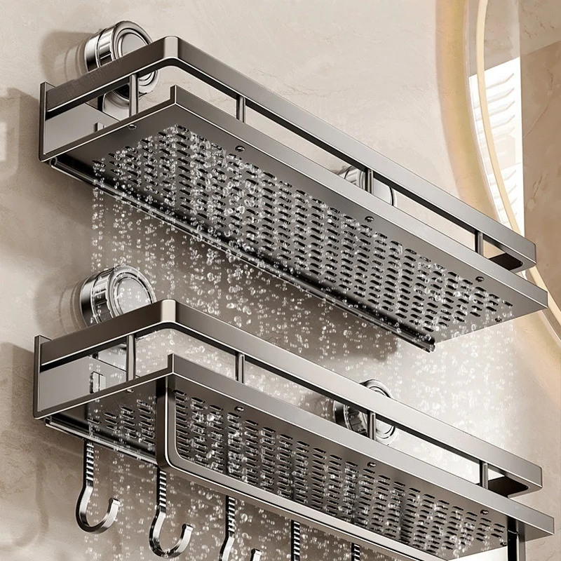 Étagère de salle de bain à ventouse sans perçage, étagère de salle de bain, étagère de toilette, étagère suspendue en aluminium, organisateur de salle de bain, à suspendre au mur