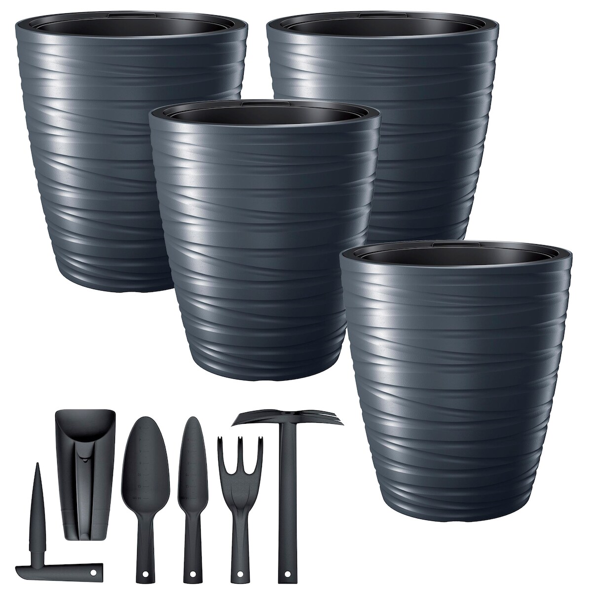 Prosperplast - Set aus 4 Blumentöpfen mit 16 L Wasserreservoir aus Kunststoff in Anthrazit, 29,6x29,6x32,9 cm mit 6-teiligem Gartengeräte-Set Maze Image