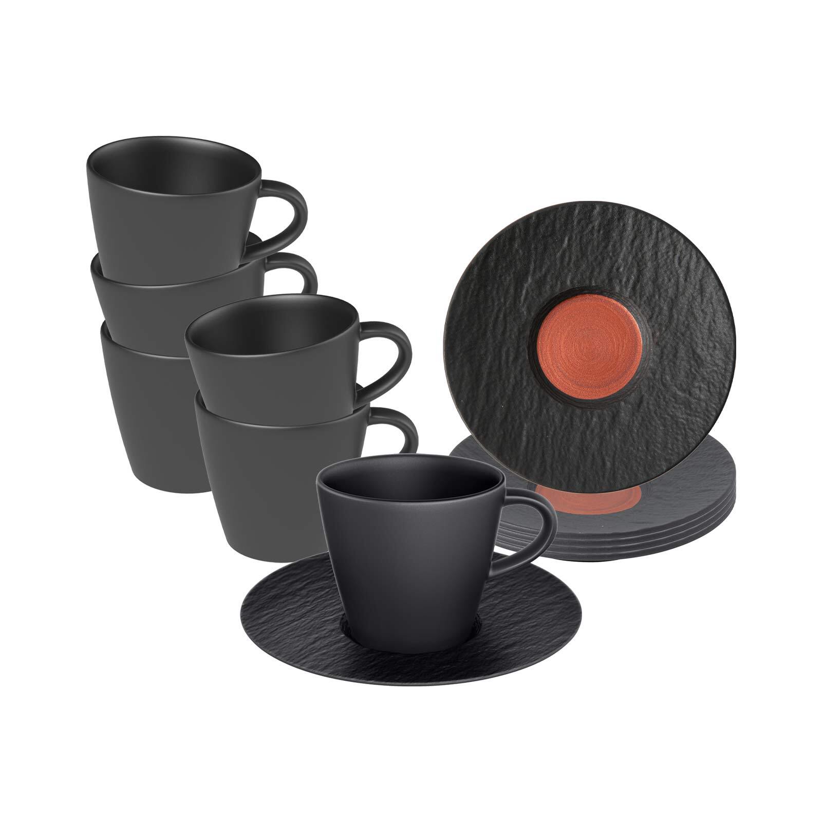 Tasse VILLEROY & BOCH "Espressotassen mit Untertassen Manufacture Rock Glow 60 ml 6er Set schwarz", schwarz, 12 tlg., Porzellan, Trinkgefäße, Tasse