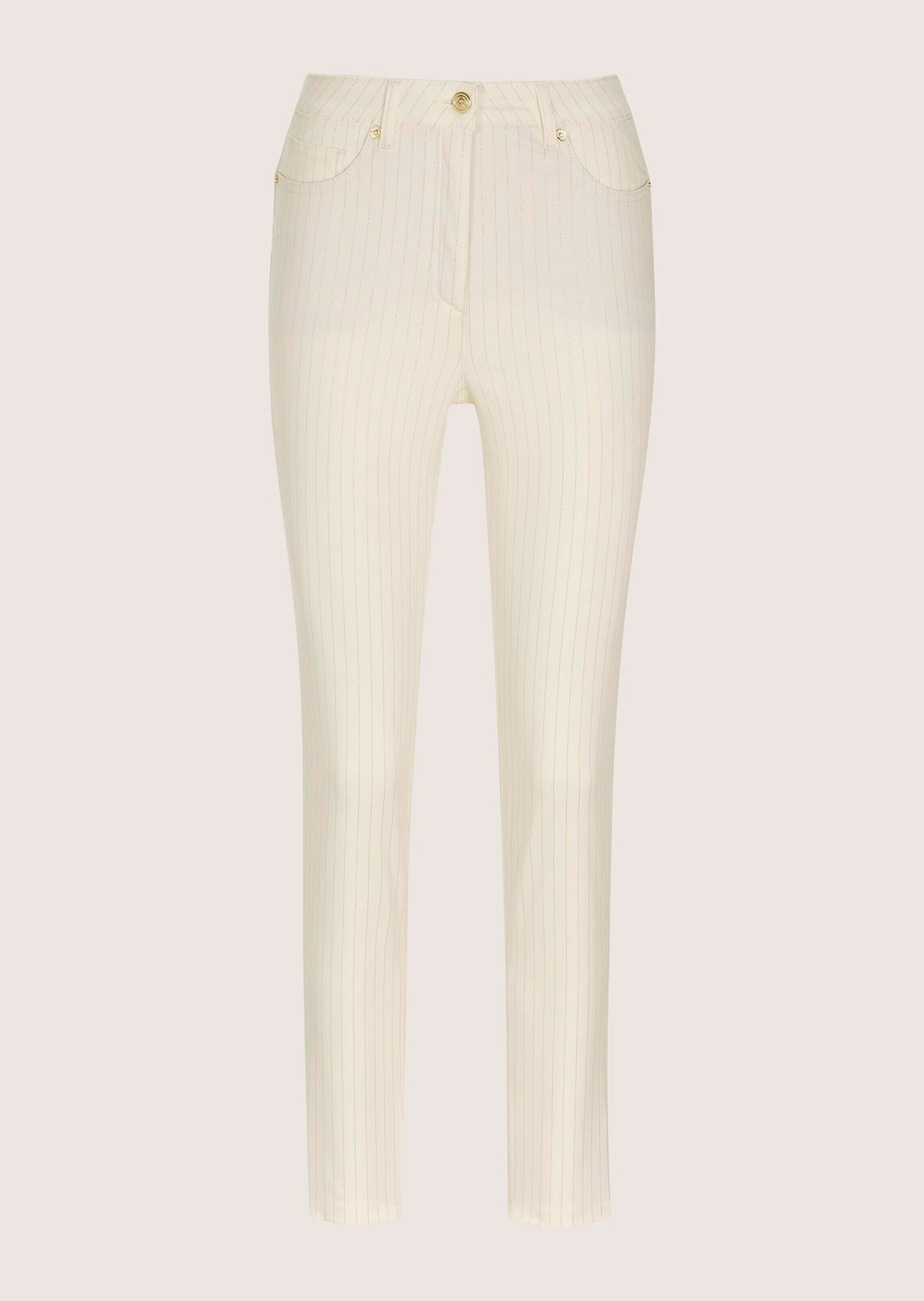 Stoffhose MADELEINE "Jerseyhose Baumwollhose mit Nadelstreifen", Damen, Gr. 48, N + K Gr, weiß (wollweiß, goldfarben), Obermaterial: 96% Baumwolle CO. 3% Elasthan EL. 1% Polyester PES., Modern, schmal, Hosen Stoffhose, 5-Pocket mit goldfarbenem... Image