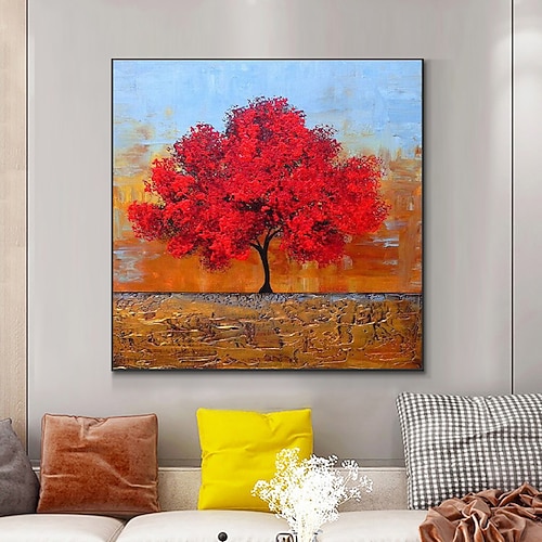Handgefertigtes Ölgemälde auf Leinwand, Wandkunst, Dekoration, moderne abstrakte rote Baumlandschaft für Wohnkultur, gerolltes, rahmenloses, ungedehntes Gemälde Image