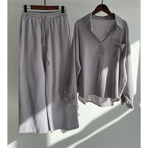 Damen Baumwoll-Leinen Hosen Sets Bolero Oberteil Langarm Hemd Kragen Einfarbig Mode Streetwear Lässig Alltag Draußen Blau Schwarz Weiß Sommer Lockerer Schnitt Image