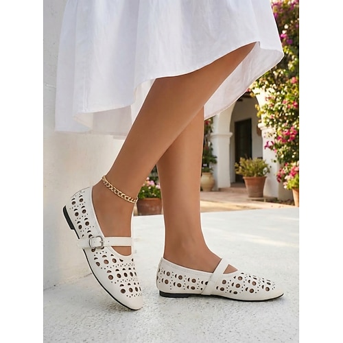 Weiße, lasergeschnittene Mary-Jane-Ballerinas für Damen – atmungsaktive, hohle Ballerinas mit Schnallenriemen für Outdoor-Resorts und tropische Urlaube Sommerreisen Image