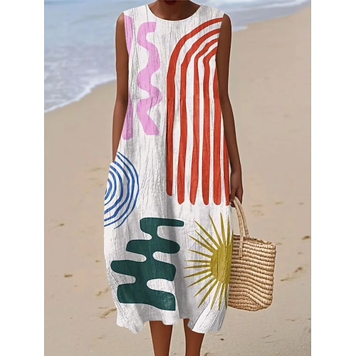 Damen Midikleid Sommerkleid Shiftkleid A Linie Kleid Urlaub Lässig Boho Strand Ausgehen Lässiger Schnitt Grafik Geometrisch Abstrakt Ärmellos Rundhalsausschnitt Weiß Gelb Grün Khaki Sommer Frühling Image