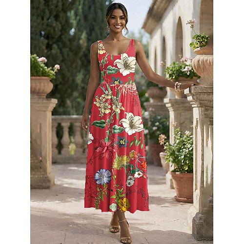 Damen Midikleid Sommerkleid A Linie Kleid Unterkleid Faltenkleid Urlaub Lässig Boho Strand Date Normale Passform Blumen Grafik Ärmellos U-Ausschnitt Rosa Rote Orange Beige Sommer Frühling Image