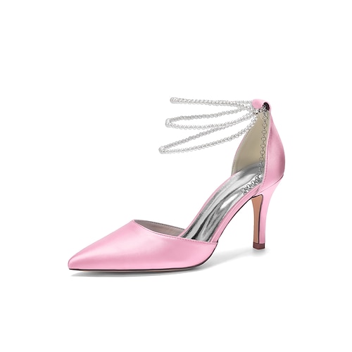 Elegante Brautschuhe für Strandhochzeiten: Silberne, spitze Satin-Pumps mit Perlen-Knöchelriemen Image