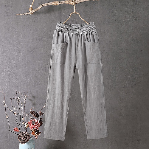 Damen Hose aus Baumwollleinen Stoffhosen Baggy-Hosen Abgeschnittene Hose solide Klassisch Knöchellang Mittlere Taille Tasche Baggy Elastisches Kordelzugdesign Komfort Atmungsaktivität Weich Image