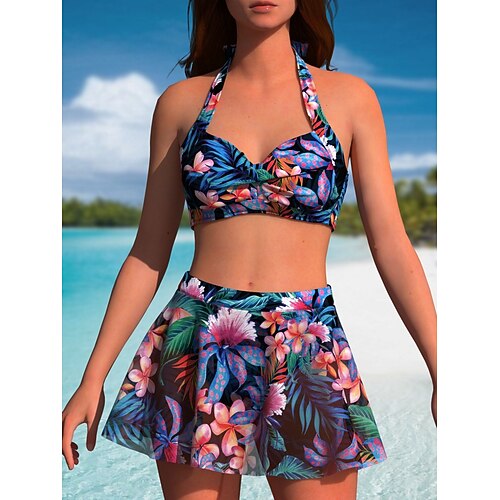 Damen Badeanzug Bikini Zweiteilig Rock Bademode Schlank Rückenfrei Urlaub Strandbekleidung Tropisch Neckholder Ärmellos Badeanzüge Image