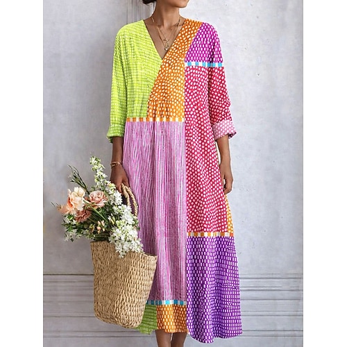 Damen Midi Kleid V-Ausschnitt Langarm Kaftan Leicht Lockerer Schnitt A-Linien Kleid Lässig Boho Ausgehen Grafisch Geometrisch Streifen Langarm V-Ausschnitt Orange Rot Schwarz Gelb Pink Image