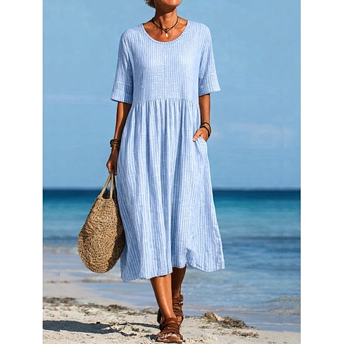 Damen Midikleid Freizeitkleid A Linie Kleid Elegant Stilvoll Lässig Täglich Urlaub Lässiger Schnitt Gestreift Kurzarm Rundhalsausschnitt Grau Leicht Blau Sommer Frühling Image