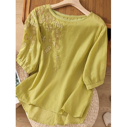 Damen Bluse Hemd aus Leinenimitat Bestickt Knöpfe Blumen Stilvoll Lässig Dreiviertelarm Rundhalsausschnitt Normale Oberteile Täglich Gelb Purpur Grün Grau Sommer Frühling Herbst Image
