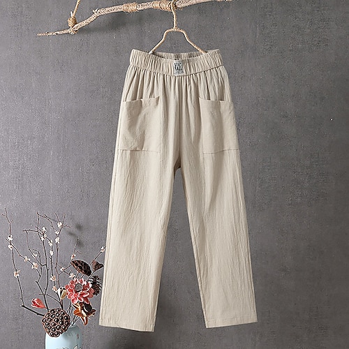 Damen-Sommerhose aus 100 % Baumwolle/Leinen, einfarbig, klassisch, knöchellang, mittelhoher Bund, Taschen, locker geschnitten, mit elastischem Kordelzug, bequem, atmungsaktiv, weich, mikroelastisch, lässig, für den Alltag, schwarz Image