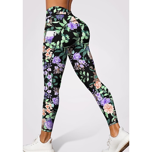 Damen Pilates-Leggings Fitnesshose Lässige Leggings Taschen Stempelsteuer Patchwork Pilates Fitnessstudio Fitnesstraining Hosen Strumpfhosen Leggings Farbblock Blumenmuster Blumendruck Waldgrün Image