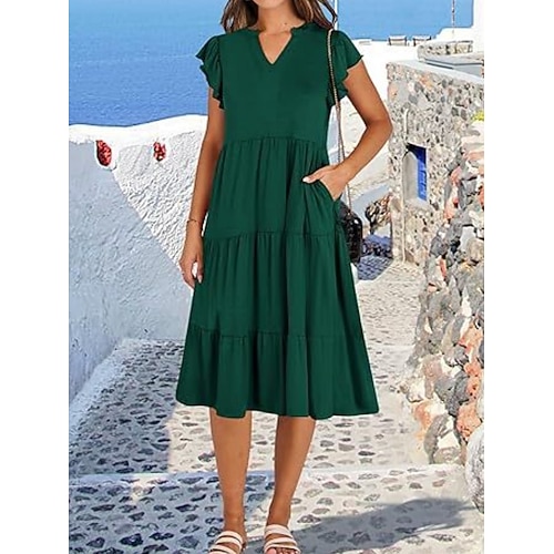 Damen Knielanges Kleid Freizeitkleid Sommerkleid Elegant Mode Modern Outdoor Urlaub Ausgehen Normale Passform Einfach Kurzarm V Ausschnitt Schwarz Armeegrün Rote Burgunderrot Sommer Frühling Image
