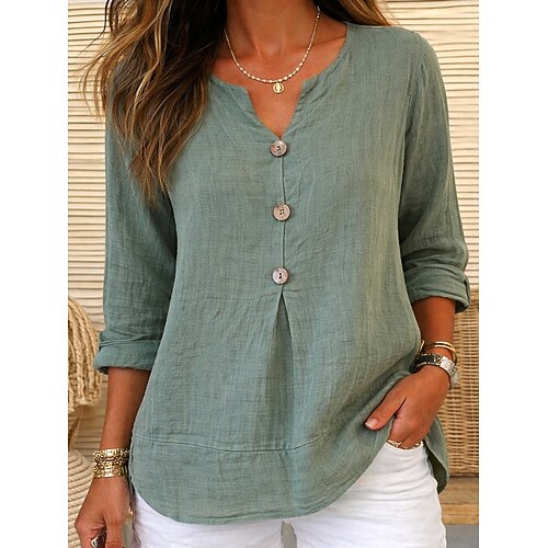 Frauen Leinenähnliche Faux Baumwoll Leinen Bluse Knöpfe Einfarbig Elegant Alltäglich Stylisch Lange Ärmel V-Ausschnitt Reguläre Tops Alltäglich Blau Schwarz Weiß Grün Beige Sommer Frühling Herbst Image