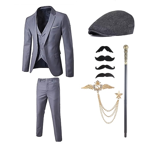 Retro Vintage Goldene Zwanziger 1920er Outfits Anzüge Blazer Zubehörset Gentleman Gangster Schnalle Einfarbig Umlegekragen Kostüm Herren Halloween Karneval Party Abend Alltagstauglich Party Image