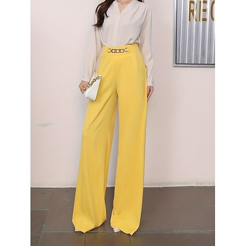 Damen Chinos Gerade Elegant Mode Streetwear Volle Länge Hohe Taille Einfach Tasche Elastischer Bund Bequem Komfort Weich Mikroelastisch Outdoor Büro Straße Blau Schwarz Weiß Gelb Frühling Herbst Image