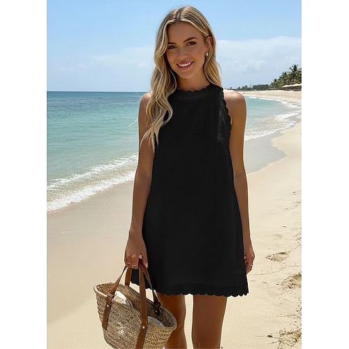 Damen Minikleid Weißes Kleid Abschlusskleid Baumwoll-Leinenkleid Sommerkleid Basic Lässig Täglich Urlaub Date Normale Passform Einfach Ärmellos Rundhalsausschnitt Blau Schwarz Weiß Rosa Sommer Image