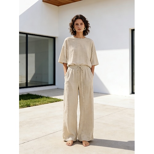 Damen-Leinensets aus 15 % Leinen, zweiteiliges Set aus Leinenmischung, Basic-Teiler in Unifarben, mit Tasche, elastischem Bund, T-Shirt und Hose, Langarm, Rundhalsausschnitt, in Schwarz, Weiß, Marineblau, Hellbraun und Blau, für Sommer und Frühling. Image