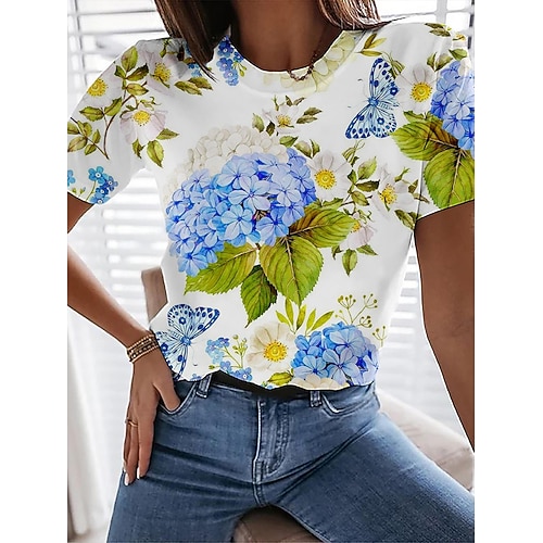 Damen T Shirt Druck Blumen Grafik Vintage Stilvoll Klassisch Kurzarm Rundhalsausschnitt Normale Oberteile Täglich Blau Rosa Sommer Frühling Image