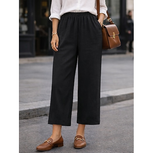 Damen Hose aus Baumwollleinen Weites Bein Chinos Baggy-Hosen Mode Streetwear Einfach Knöchellang Hohe Taille Einfach Maillard Tasche Elastischer Bund Baggy Komfort Atmungsaktivität Weich Image