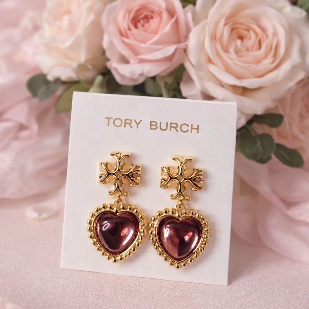 Tory Burch Jewelry | Tory Burch Gold Logo Heart Drop Earrings Pink Heart | Color: Gold/Pink | Size: Os