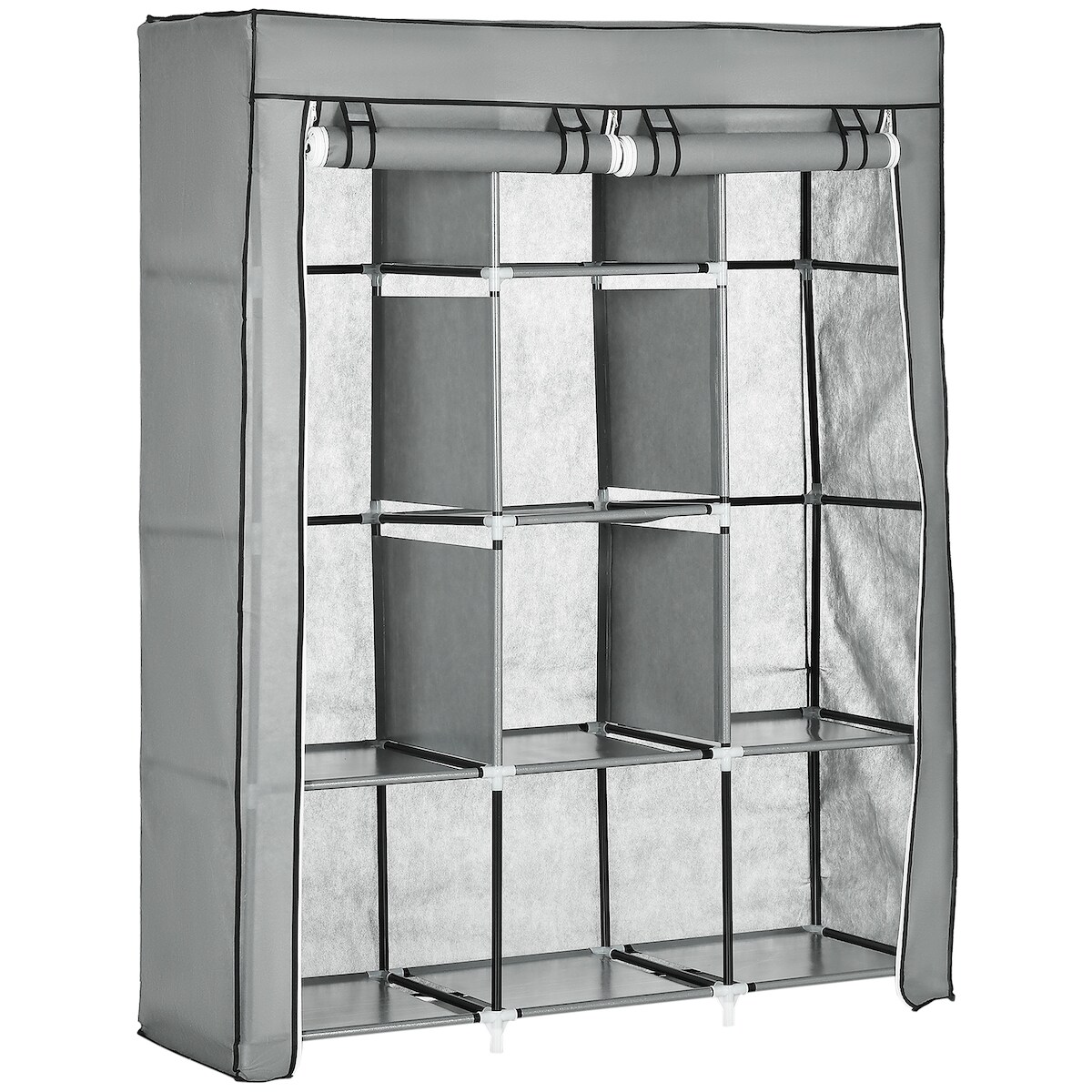 OKWISH Stoffschrank Kleiderschrank 125x43x163 cm mit 2 Kleiderstangen 8 Ebenen Reißverschluss Staubschutz Stahlrahmen Hellgrau Image