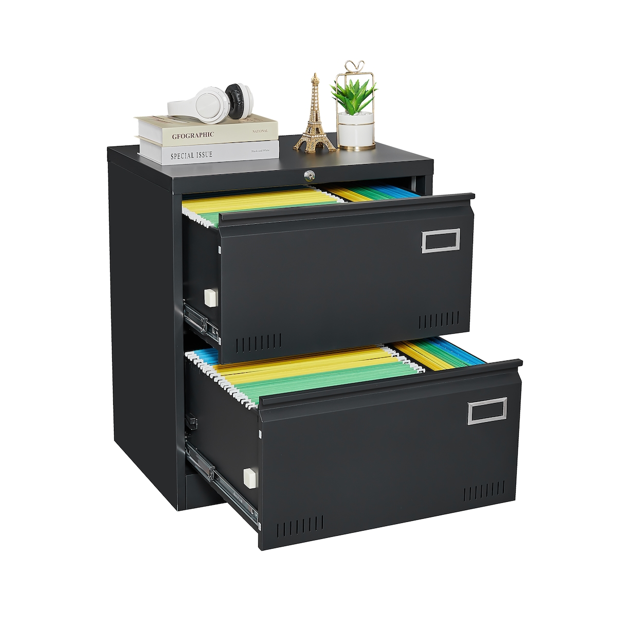 OKWISH Aktenschrank Metall Schwarz 72x60x45 cm mit 2 breiten Schubladen und Schloss, Vollauszug auf 3 Fach Schienen, sicher und pflegeleicht Image