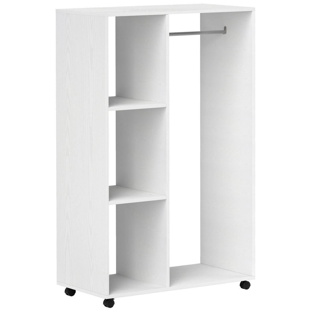 STILVORA Offener Kleiderschrank auf Rollen 80x40x128 cm Weiß mit Kleiderstange und 3 Regalen, mobile Garderobe aus Holzwerkstoff, platzsparend Image