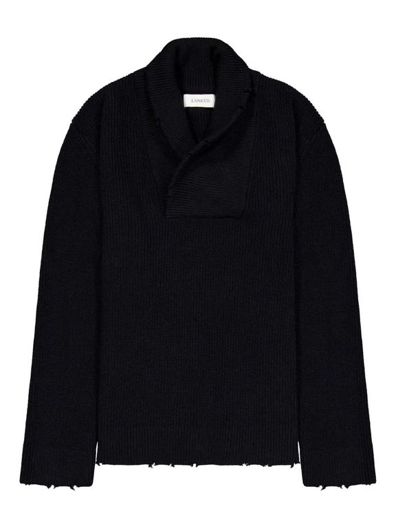 Shawl-Collar Frayed Sweater - Black - Laneus Knitwear