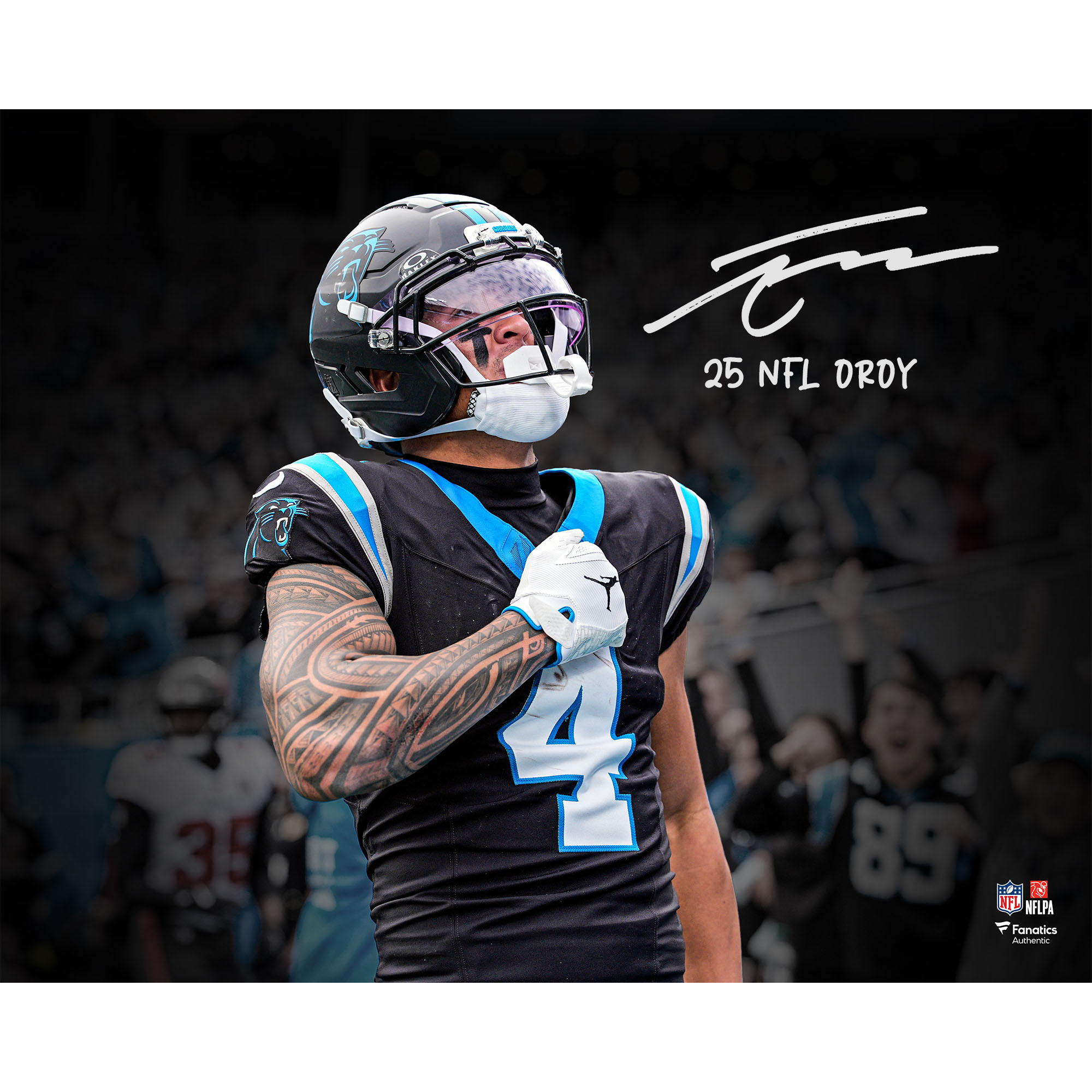 "Tetairoa McMillan, Carolina Panthers, signiertes 16" x 20" Foto mit der Aufschrift "25 NFL OROY"." Image