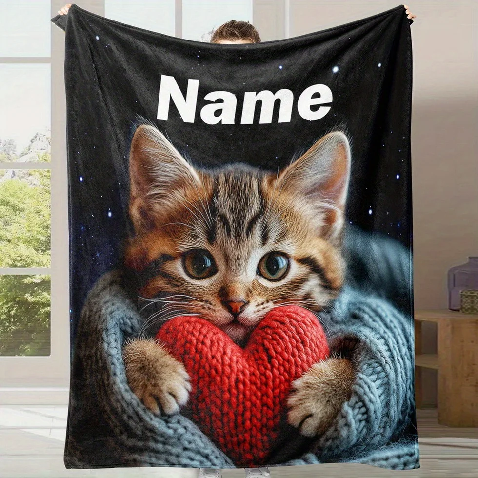 Personalisierte Fleecedecke mit Katzenmotiv – individueller Name, geeignet für alle Jahreszeiten, weich und bequem Image