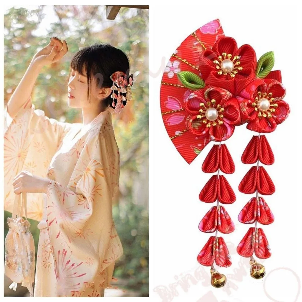 Japanische Kimono Kopf bedeckung, Blume Quasten Quaste Fan Haarnadel, süße alte Stil Haarnadel Hanfu Fan Haars pange Mädchen Haar Image