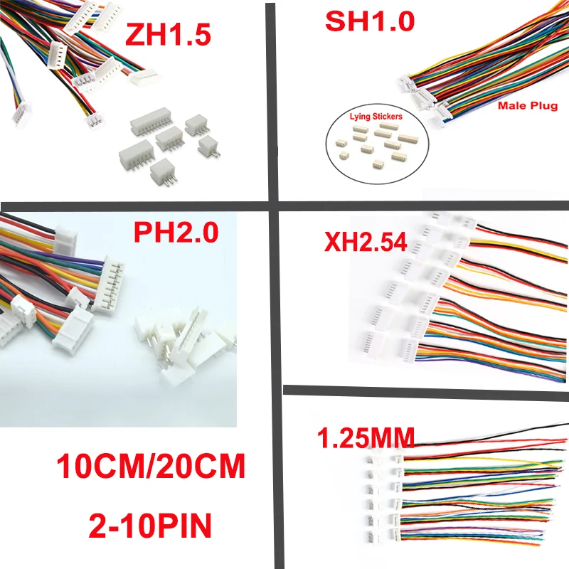 10Sets Männlich Weiblich 1,0 1,25 1,5 2,0 2,54 SH/JST/ZH/PH/XH Stecker Stecker mit 100MM/200MM Draht 2/3/4/5/6/7/8/9/10Pin draht Image