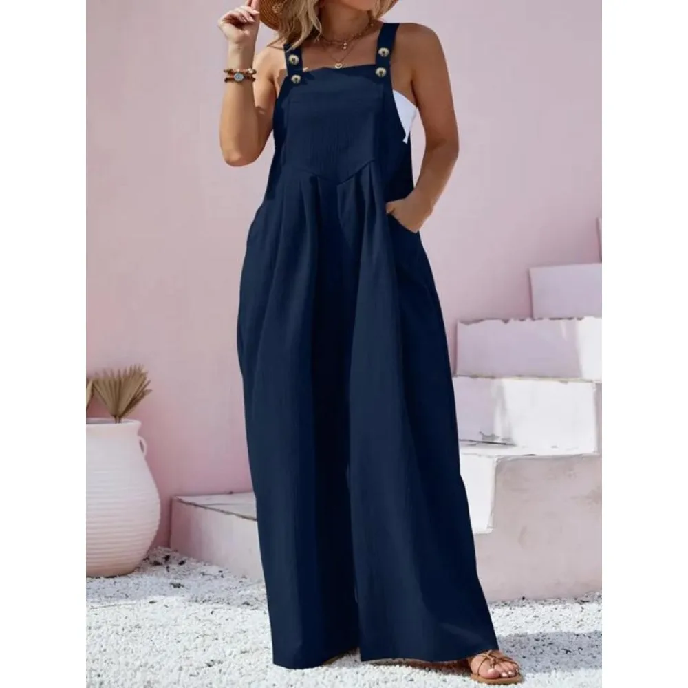 Plus Größe Neue frauen Sommer Einfarbig Overall Elegante Hohe Taille Beiläufige Lange Overalls Image